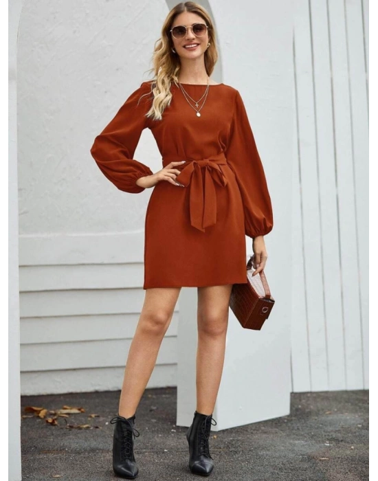 Kadın Uzun Kollu Kayık Yaka Belden Kuşaklı Kısa Ithal Krep Elbise