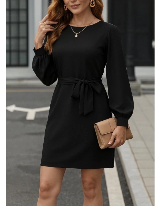 Kadın Uzun Kollu Kayık Yaka Belden Kuşaklı Kısa Ithal Krep Elbise