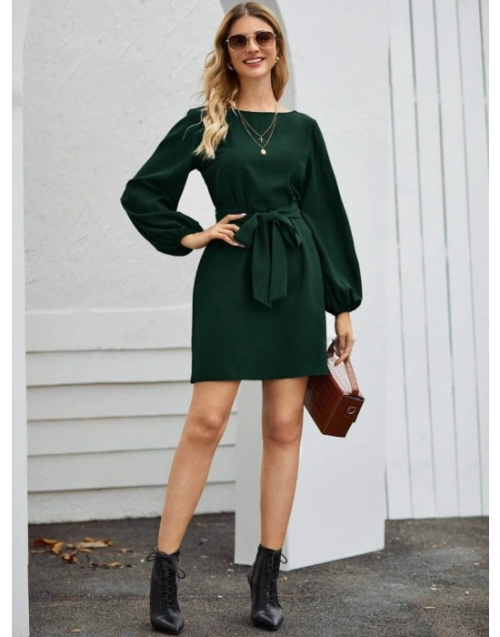 Kadın Uzun Kollu Kayık Yaka Belden Kuşaklı Kısa Ithal Krep Elbise