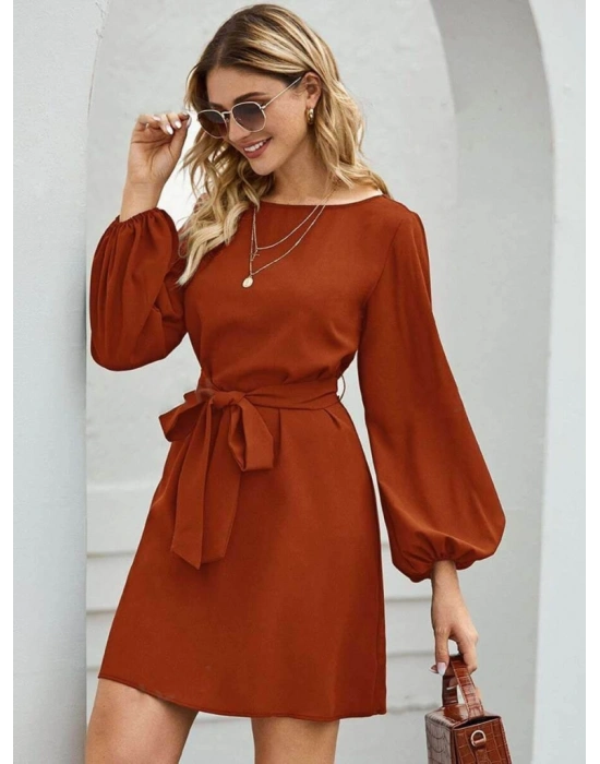 Kadın Uzun Kollu Kayık Yaka Belden Kuşaklı Kısa Ithal Krep Elbise