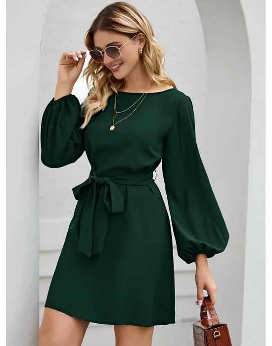 Kadın Uzun Kollu Kayık Yaka Belden Kuşaklı Kısa Ithal Krep Elbise