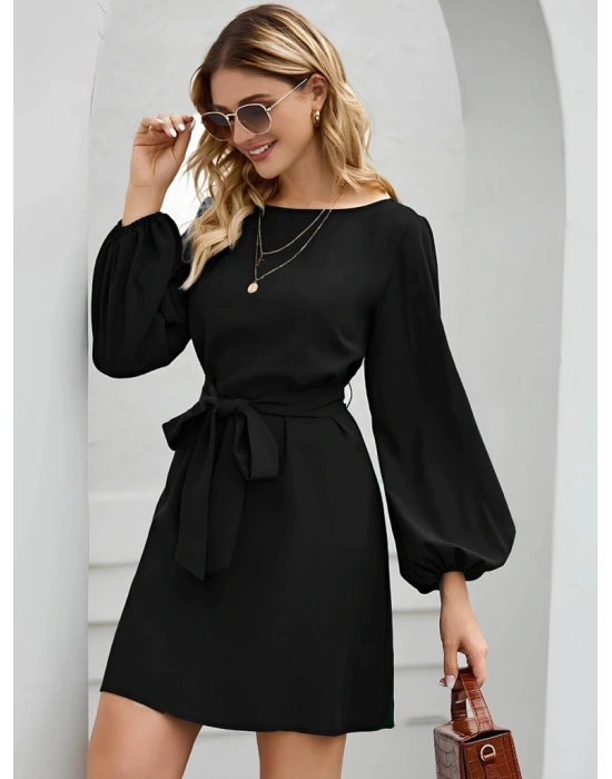 Kadın Uzun Kollu Kayık Yaka Belden Kuşaklı Kısa Ithal Krep Elbise