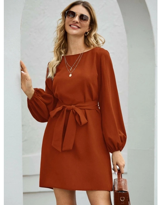 Kadın Uzun Kollu Kayık Yaka Belden Kuşaklı Kısa Ithal Krep Elbise