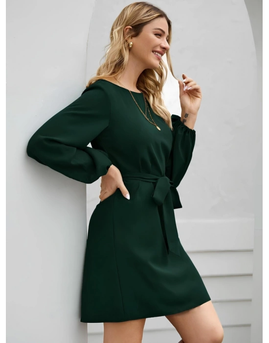 Kadın Uzun Kollu Kayık Yaka Belden Kuşaklı Kısa Ithal Krep Elbise