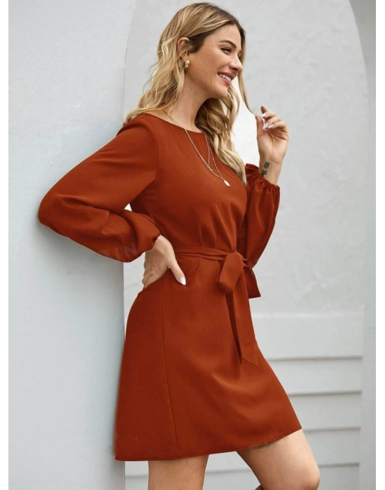 Kadın Uzun Kollu Kayık Yaka Belden Kuşaklı Kısa Ithal Krep Elbise