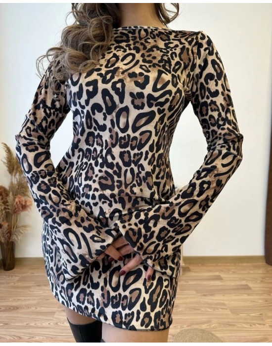 Kadın Uzun Kollu Kayık Yaka Leopar Baskılı Mini Elbise