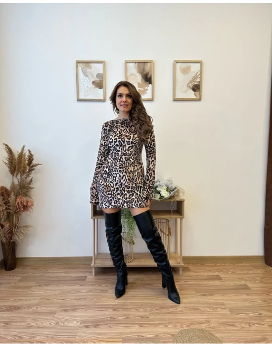Kadın Uzun Kollu Kayık Yaka Leopar Baskılı Mini Elbise