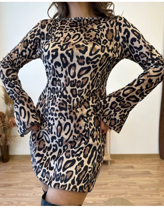 Kadın Uzun Kollu Kayık Yaka Leopar Baskılı Mini Elbise