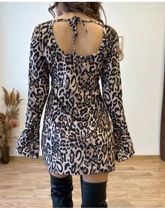 Kadın Uzun Kollu Kayık Yaka Leopar Baskılı Mini Elbise