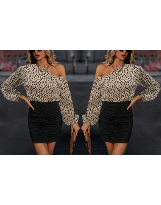 Kadın Uzun Kollu Kayık Yaka Eteği Büzgülü üst Mikro Alt Sandy Mini Elbise