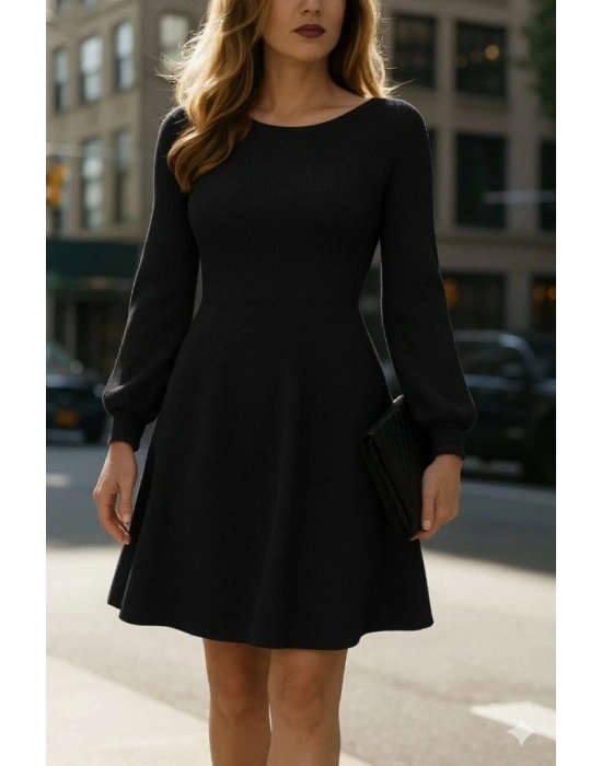 Kadın Uzun Kollu Kayık Yaka Kısa Triko Elbise