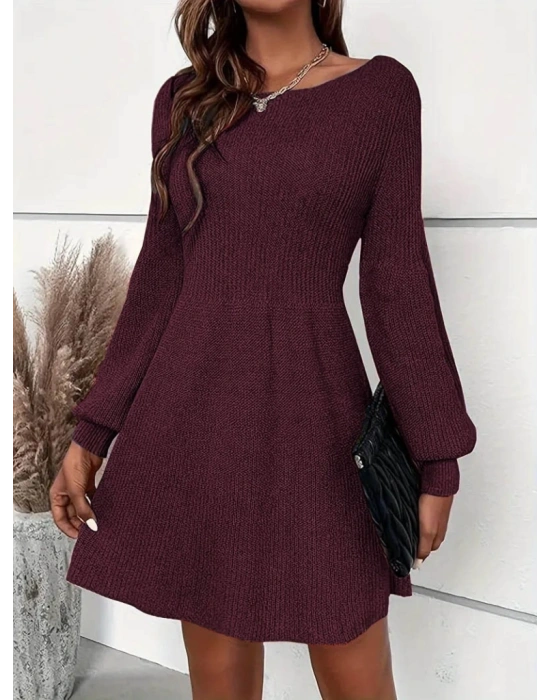 Kadın Uzun Kollu Kayık Yaka Kısa Triko Elbise
