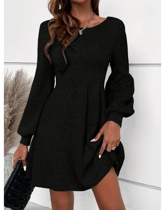 Kadın Uzun Kollu Kayık Yaka Kısa Triko Elbise