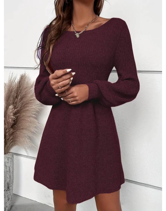 Kadın Uzun Kollu Kayık Yaka Kısa Triko Elbise
