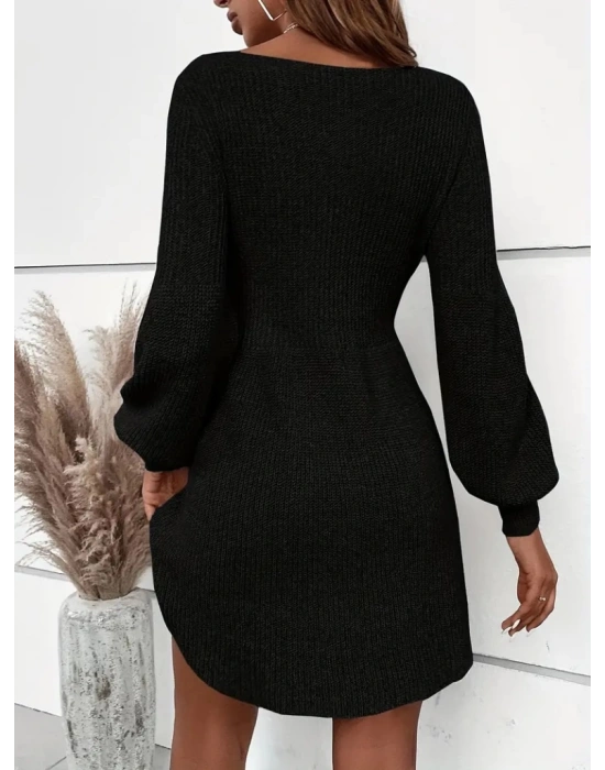 Kadın Uzun Kollu Kayık Yaka Kısa Triko Elbise