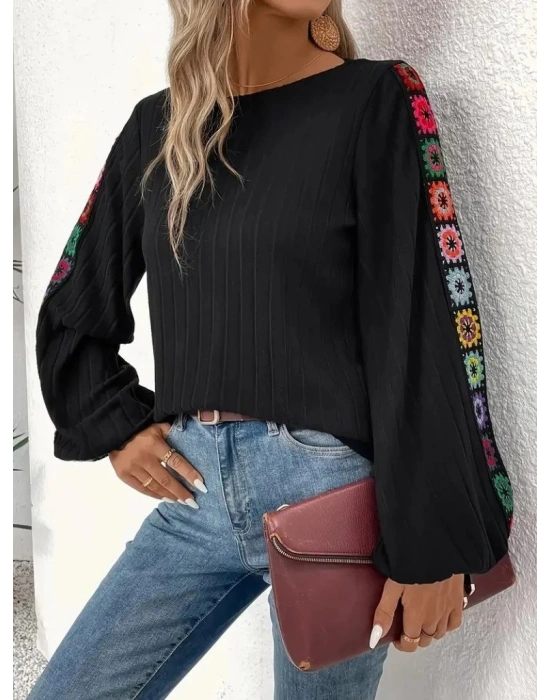 Kadın Uzun Kollu Kayık Yaka şardonlu Kaşkorse Bluz
