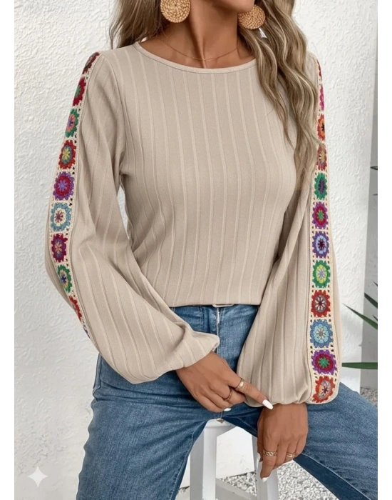 Kadın Uzun Kollu Kayık Yaka şardonlu Kaşkorse Bej Bluz