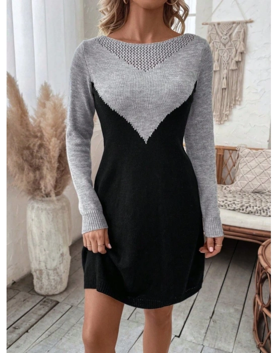 Kadın Uzun Kollu Kayık Yakalı çift Renk Mini Triko Elbise