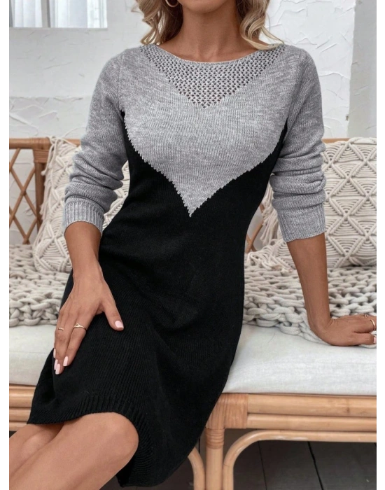 Kadın Uzun Kollu Kayık Yakalı çift Renk Mini Triko Elbise