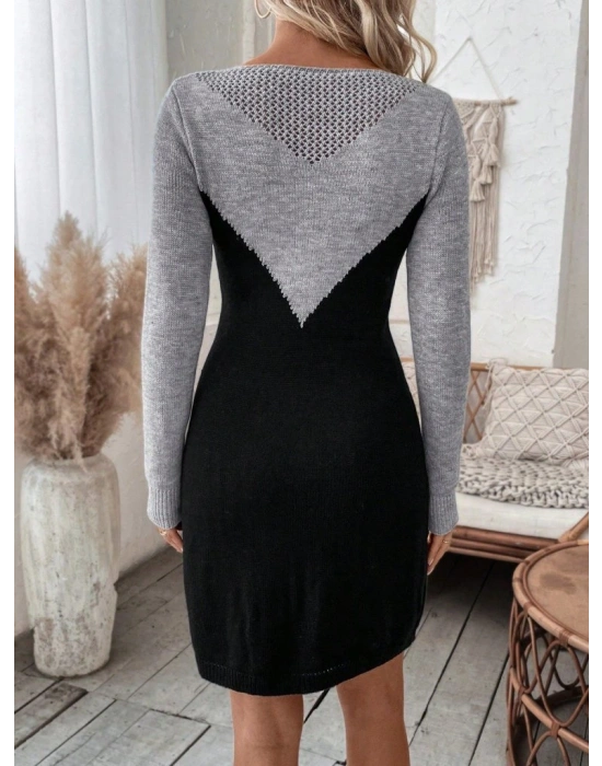Kadın Uzun Kollu Kayık Yakalı çift Renk Mini Triko Elbise