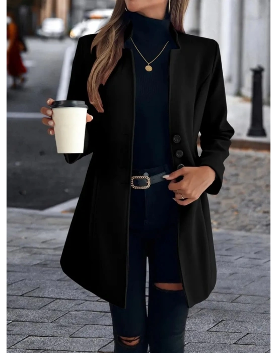 Kadın Uzun Kollu Kırlangıç Yaka önden Düğmeli Kısa Kaşe Kaban