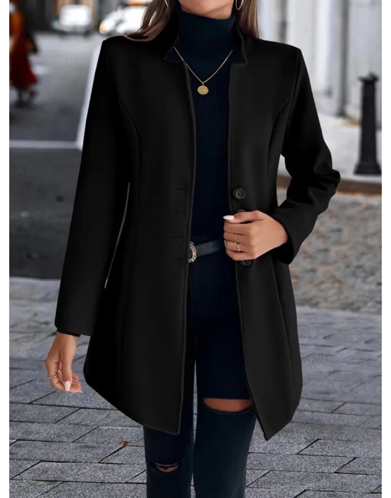 Kadın Uzun Kollu Kırlangıç Yaka önden Düğmeli Kısa Kaşe Kaban