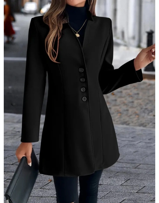 Kadın Uzun Kollu Kırlangıç Yaka önden Düğmeli Kısa Kaşe Kaban