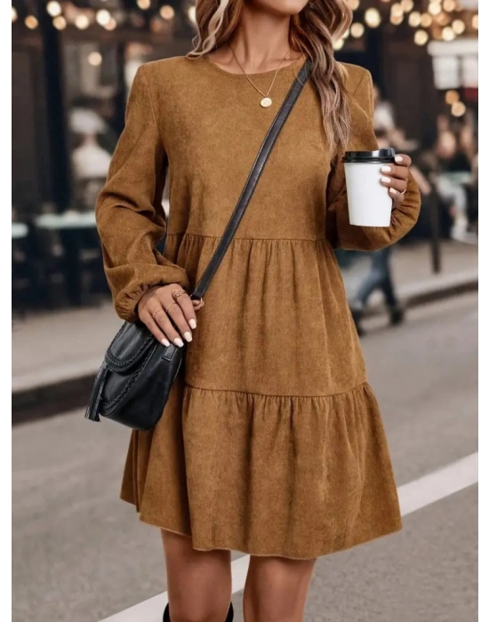 Kadın Uzun Kollu Kol Ucu Lastikli Süet Mini Boy Elbise