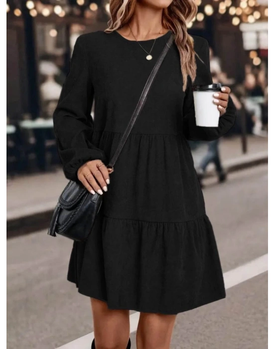 Kadın Uzun Kollu Kol Ucu Lastikli Süet Mini Boy Elbise