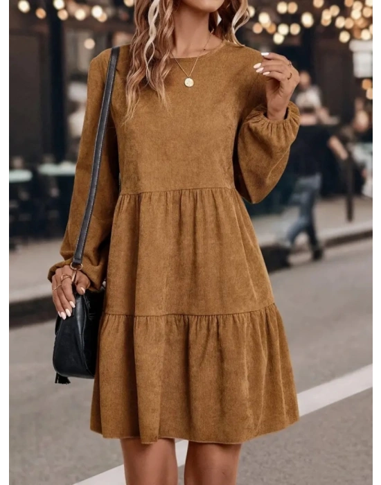 Kadın Uzun Kollu Kol Ucu Lastikli Süet Mini Boy Elbise