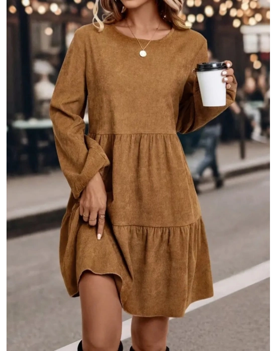 Kadın Uzun Kollu Kol Ucu Lastikli Süet Mini Boy Elbise