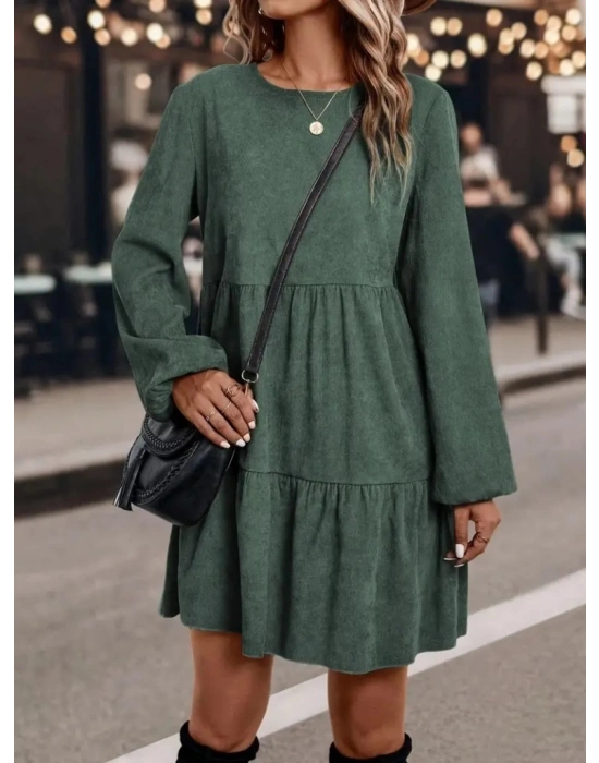 Kadın Uzun Kollu Kol Ucu Lastikli Süet Mini Boy Elbise