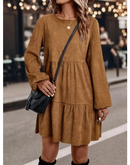 Kadın Uzun Kollu Kol Ucu Lastikli Süet Mini Boy Elbise
