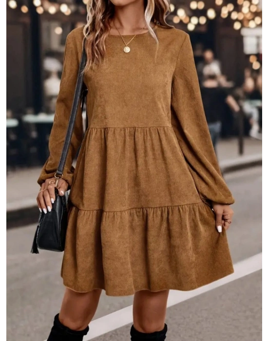 Kadın Uzun Kollu Kol Ucu Lastikli Süet Mini Boy Elbise