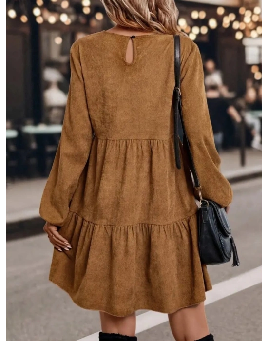 Kadın Uzun Kollu Kol Ucu Lastikli Süet Mini Boy Elbise