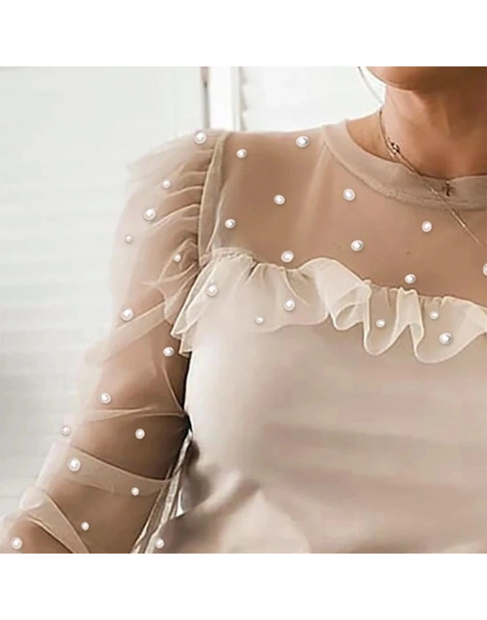 Kadın Uzun Kollu Kol Ve Yaka Tül Ve Inci Detay Viskon Bluz