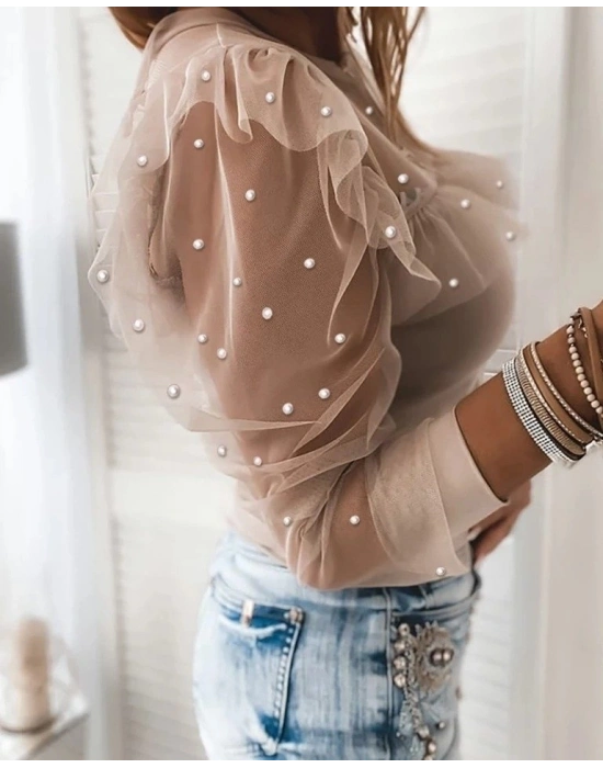 Kadın Uzun Kollu Kol Ve Yaka Tül Ve Inci Detay Viskon Bluz