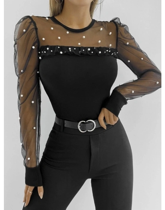 Kadın Uzun Kollu Kol Ve Yaka Tül Ve Inci Detay Viskon Bluz