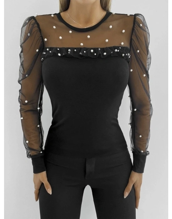 Kadın Uzun Kollu Kol Ve Yaka Tül Ve Inci Detay Viskon Bluz