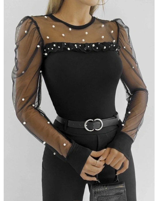 Kadın Uzun Kollu Kol Ve Yaka Tül Ve Inci Detay Viskon Bluz