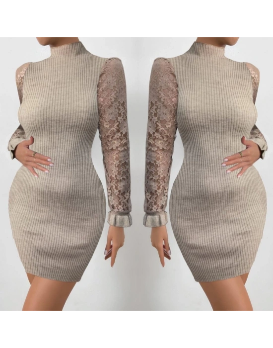 Kadın Uzun Kollu Kollar Tül Detay Triko Mini Boy Elbise