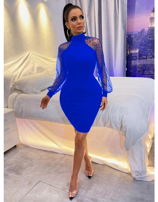 Kadın Uzun Kollu Kollar Tül Puantiye Detay Dalgıç Mini Boy Elbise