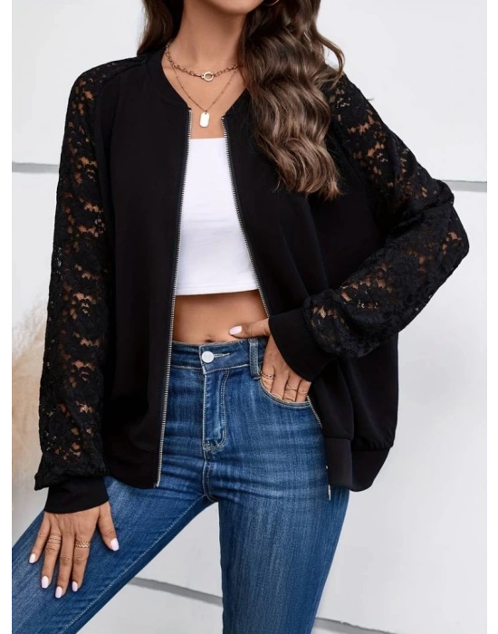 Kadın Uzun Kollu Kolları Dantel Detay önden Fermuarlı Viskon Iki Iplik Ceket