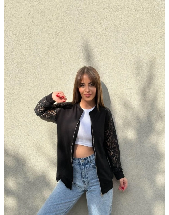 Kadın Uzun Kollu Kolları Dantel Detay önden Fermuarlı Viskon Iki Iplik Ceket