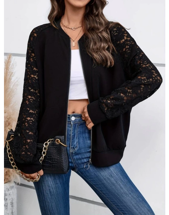 Kadın Uzun Kollu Kolları Dantel Detay önden Fermuarlı Viskon Iki Iplik Ceket