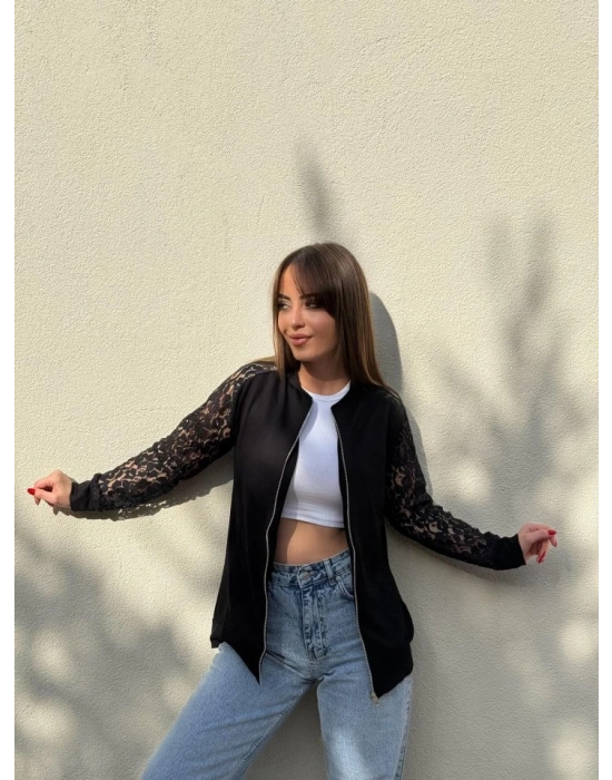 Kadın Uzun Kollu Kolları Dantel Detay önden Fermuarlı Viskon Iki Iplik Ceket