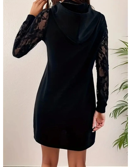 Kadın Uzun Kollu Kolları Dantel Detaylı Kapşonlu Bağcıklı Kısa Viskon Iki Iplik Elbise