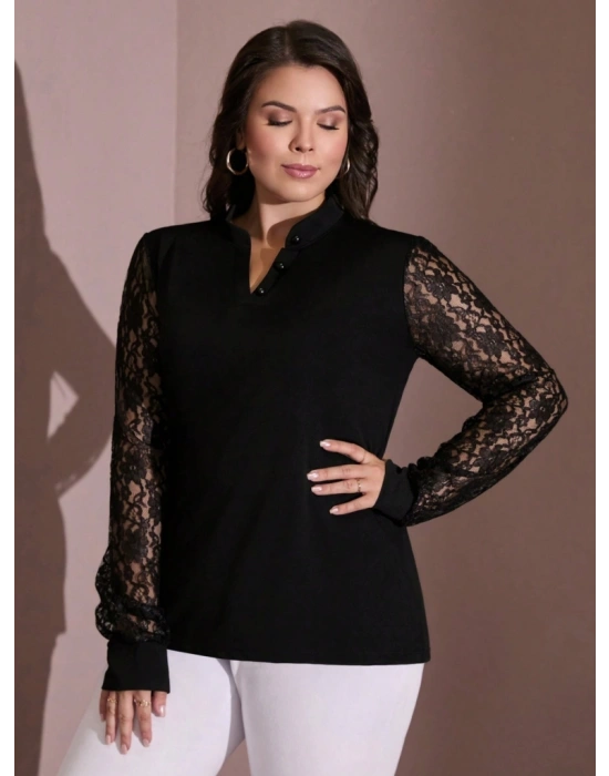 Kadın Uzun Kollu Kolları Dantelli Hakim Yaka Büyük Beden Krep Bluz