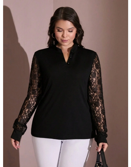 Kadın Uzun Kollu Kolları Dantelli Hakim Yaka Büyük Beden Krep Bluz