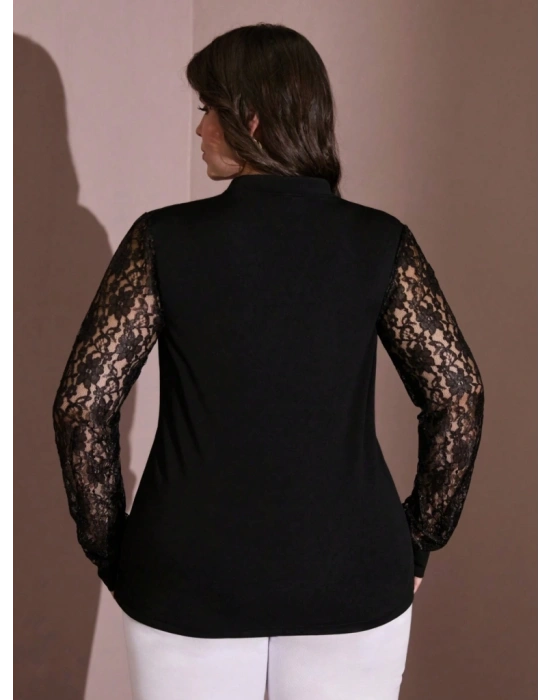 Kadın Uzun Kollu Kolları Dantelli Hakim Yaka Büyük Beden Krep Bluz
